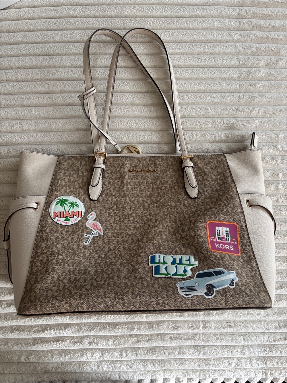 Michael Kors Brown Logo Canvas Tote with Cream Trim and Travel Stickers